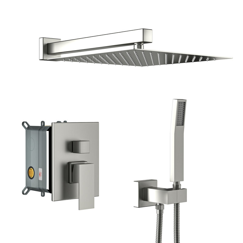 Dual Shower Head - 12 Inch Wall Mounted Square Shower System With Rough-In Valve, Brushed Nickel