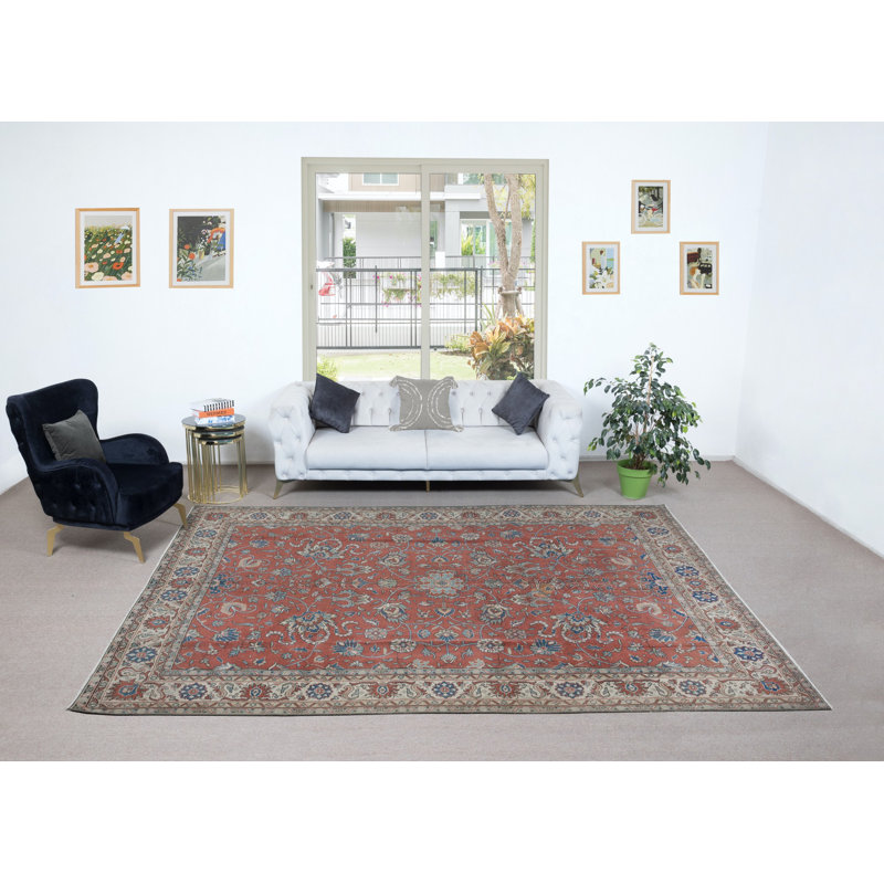 Grand tapis turc romantique fait à la main en rouge et beige avec motif botanique