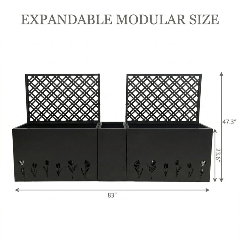 Ensemble de jardinières en métal 3 pièces avec treillis, lits de jardin surélevés modernes, découpe de tulipe, profondeur réglable, noir