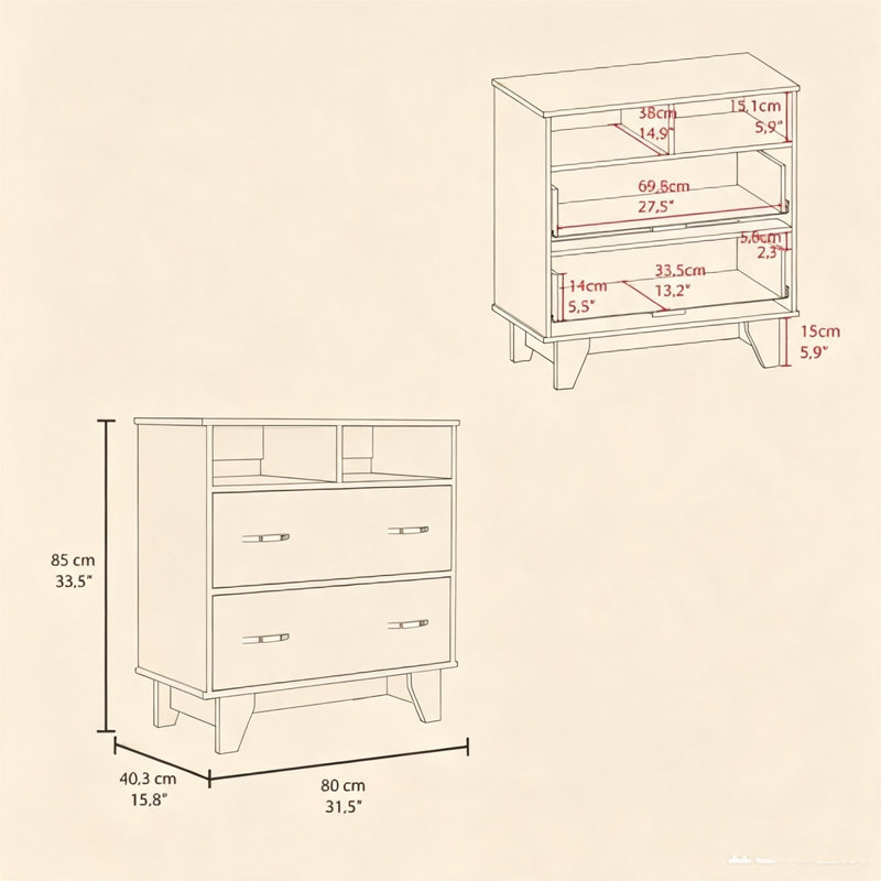 Commode de style blanc Portanova, équipée de deux tiroirs de rangement, de deux tablettes ouvertes, d'un plateau supérieur de qualité supérieure et de quatre pieds de support stables, de meubles de rangement pour la chambre à coucher