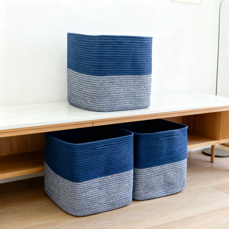 Storage Cube Bins 3-Pack, Woven Cotton Rope Organizer Baskets With Reinforced Handles For Shelves, Kids Toys And Closet Organization