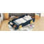 Lit plateforme simple en forme de voiture de course avec roues et rangement, bleu foncé et jaune