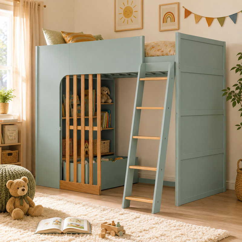 Lit mezzanine avec tablettes de rangement Leonide, Lit simple, Vert menthe