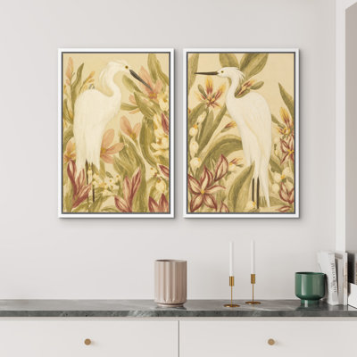White Herons with Tropical Flowers Botanical Decor Framed Canvas Master Bedroom Wall Art Work 2 Pieces Print