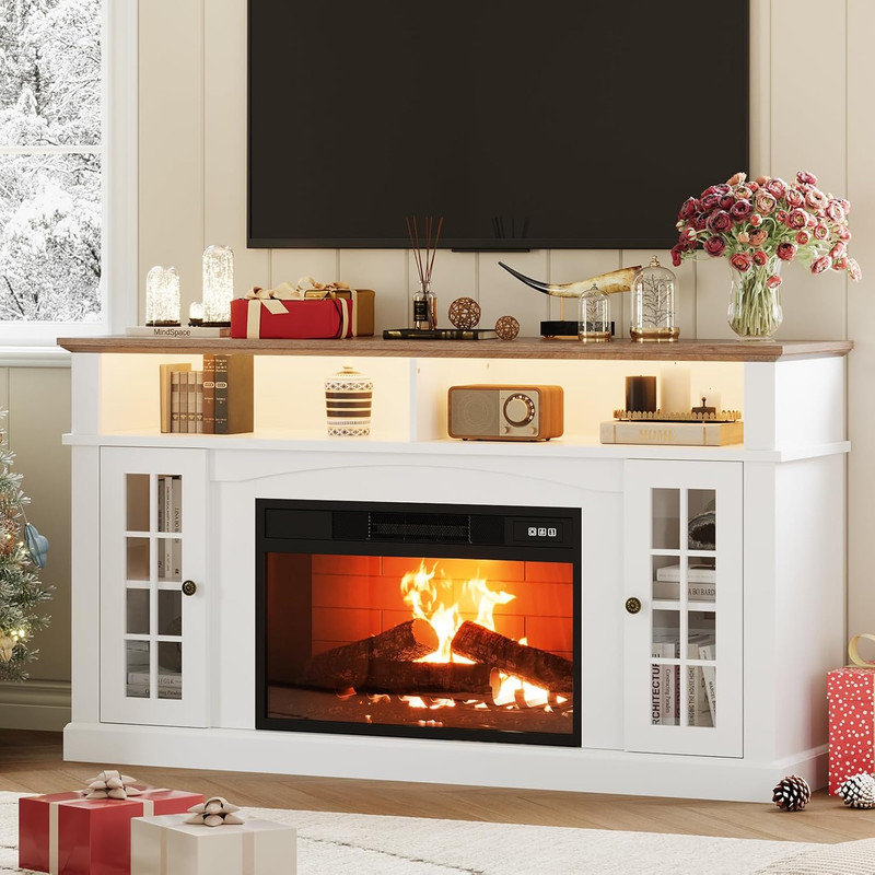 58" White TV Stand for Up to 70" TV, with Fireplace, Glass Door & LED Lights, Entertainment Center, White