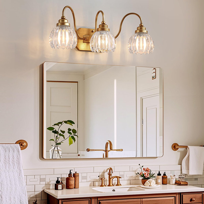 Mid Century 3-Light Crystal Glass Wall Sconce, Matte Vintage Bathroom Vanity Light Fixture, Gold