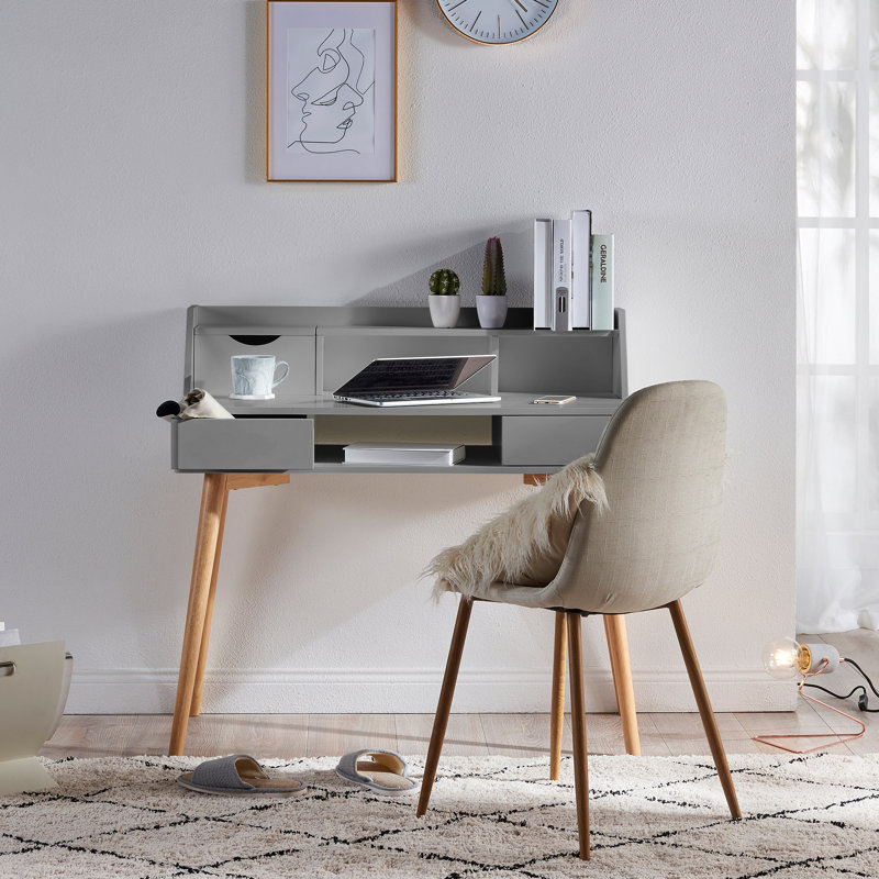 Light Gray Wooden Writing Desk with Hutch and Drawers