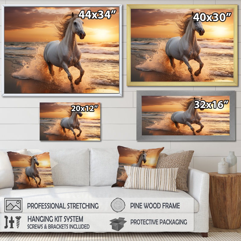 Cheval sauvage qui court sur la plage 2 - Impression sur toile encadrée Coastal Beach, Cadre d'angle fermé noir