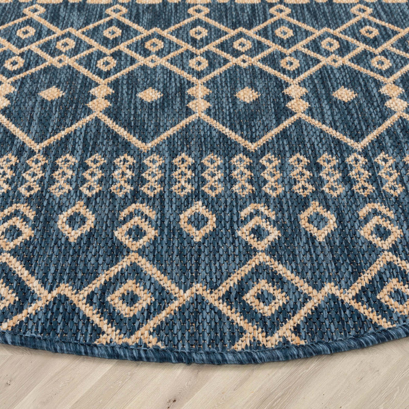 Tapis intérieur / extérieur bleu Marshanna Nord Trellis, Rond 3 pi 11 po