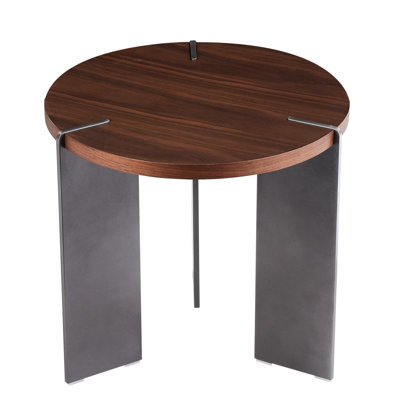 Superbe table basse ronde avec pieds en noyer et en métal