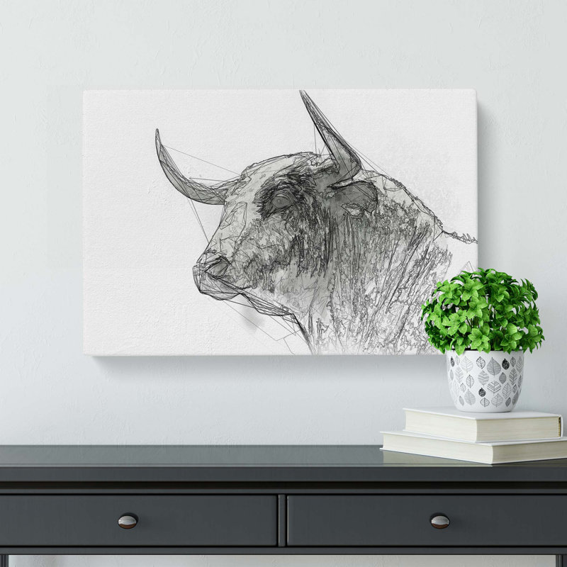 Stone Statue of a Bull in Abstract - Wrapped Canvas Drawing - Wrapped Canvas, 35cm H x 50cm W x 3cm D
