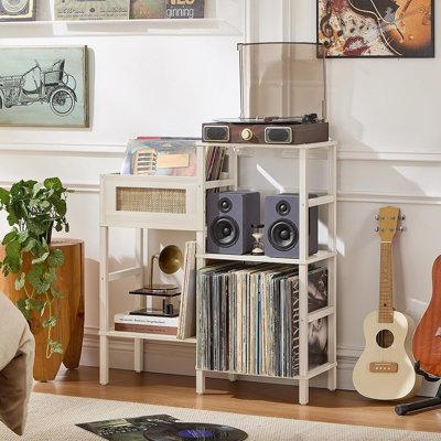 Meuble de rangement pour platine vinyle en chêne blanc crème, meuble de rangement à 3 niveaux avec étagère d'exposition en rotin, capacité de plus de 300 disques, style bohème