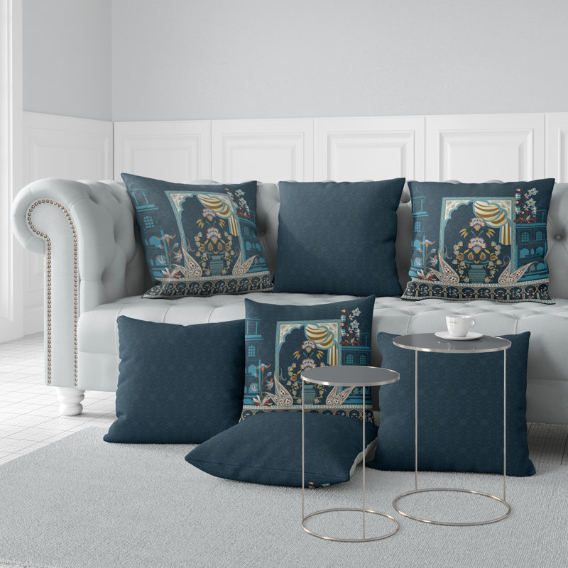 Housse et insert de coussin intérieur / extérieur en polyester Mughal Paradise, 16 po x 16 po, Indigo