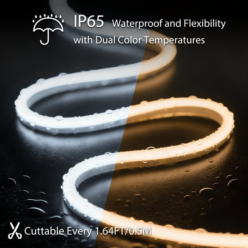16.4FT Tunable White LED Neon Rope Light, 120V Plug-in Neon Strip Light White & Warm White 3000K-6500K Stepless Color Changing with Remote Control, Connectable, Brightness Adjustable, Timer, Dynamic Modes, IP65 Waterproof