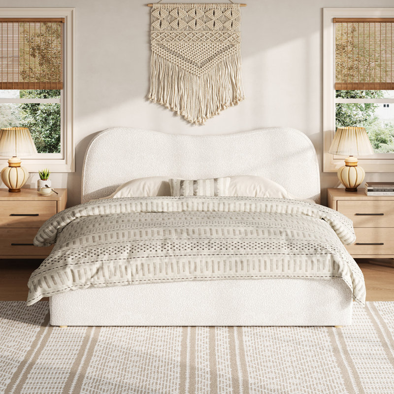 Lit plateforme tapissier avec lattes en bois, White, Queen