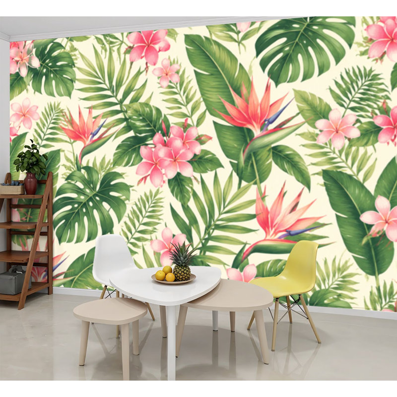 Papier peint adhésif auto-adhésif moderne pour la chambre à coucher avec feuilles vertes tropicales, impression d'oiseaux, L 69 po x l 96 po