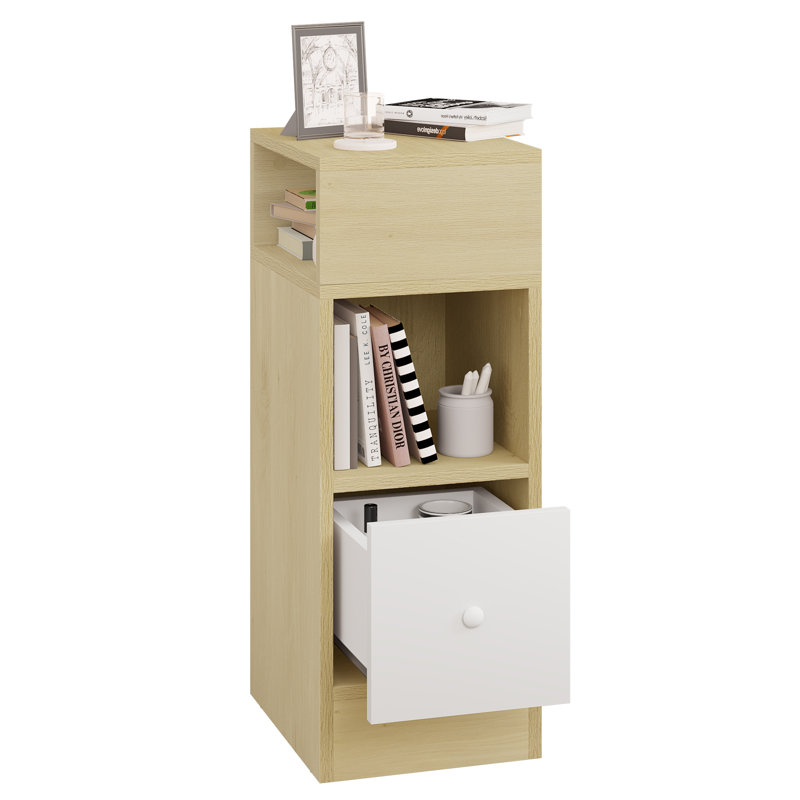 Bedside Table, Nightstand With 2 Open Compartments And 1 Drawer, Night Table, Space Saving Cabinet For Bedroom, Living Room, Chipboard, 25X30X66Cm