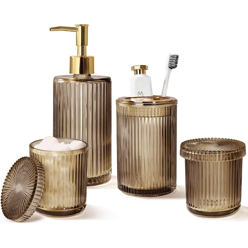 Accessoires de salle de bain en verre (4 pièces), ensemble de salle de bain comprenant un distributeur de savon, un porte-brosse à dents et un porte-cotons-tiges. Style rétro, idéal pour la décoration de votre lavabo.