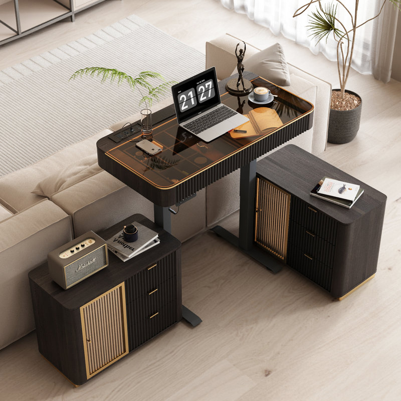 Height Adjustable Rectangle Standing Desk with Cabinet, 29.5"" H x 47"" W x 23"" D, Teal/Black Brown/Black