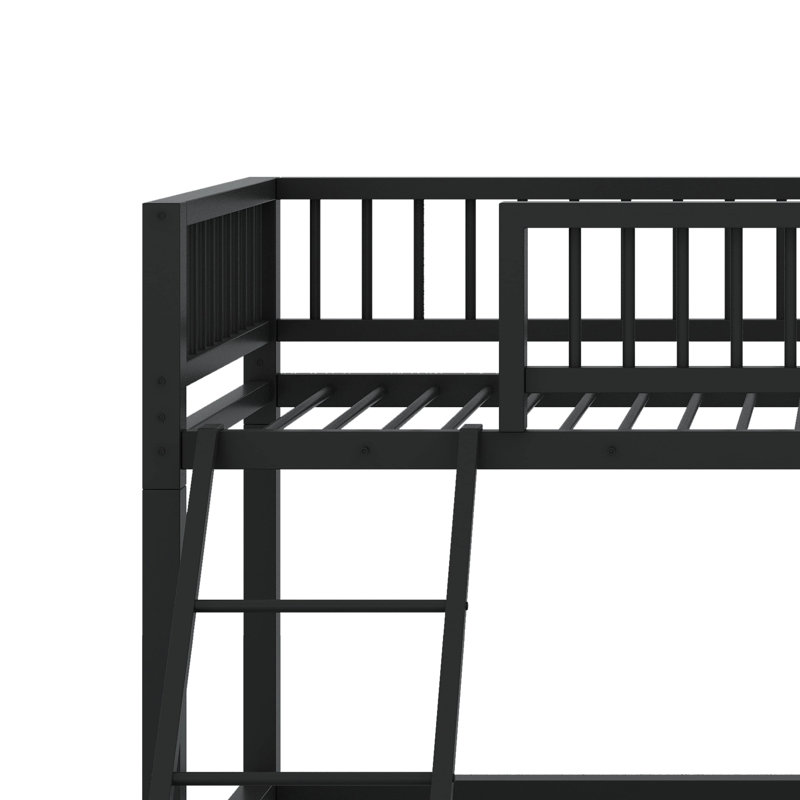 Floor-Mounted Bunk Bed Frame With Ladder, Safety Guardrails And Easy Assembly, Twin XL over Queen, Black