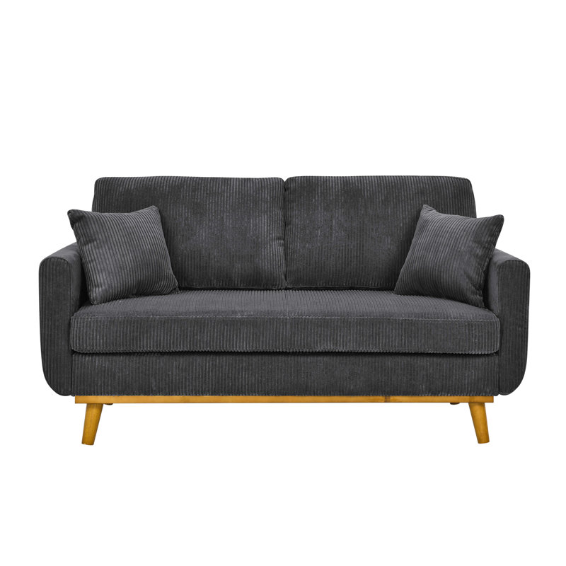 Gray Mid - Century 2 Seater Corduroy With Tapered Legs, Flared Arms, Solid Wood Frame And Accent Pillows For Compact Spaces Of Style In Gray, Featuring Apartments