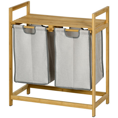 Double panier à linge 2 paniers à linge en bambou avec tablette de rangement 2 sacs coulissants et amovibles pour la salle de bain de la salle de bain 2 x 10,7 gallons en bois naturel et gris foncé