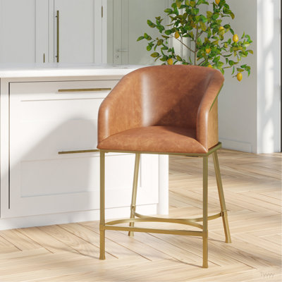 Tabouret de bar 31 po 31 po, similicuir brun tabac avec structure en acier doré, 1 pièce