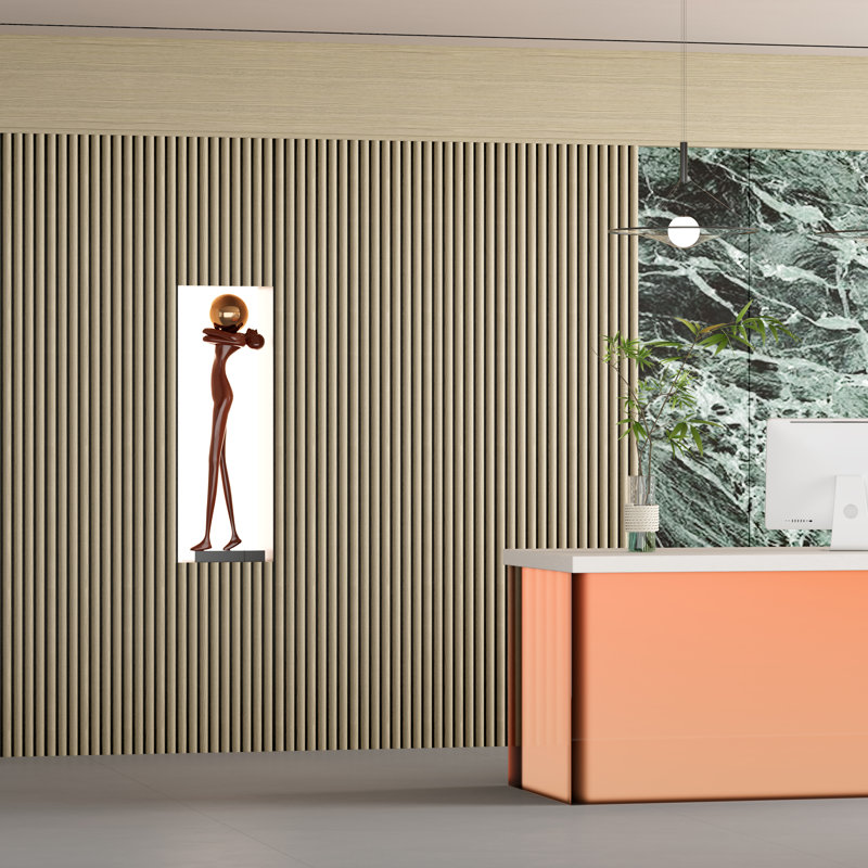 Acoustic Wall Panel with Half-Circle Wood Veneer Slats – Sound Absorbing Design for Modern Interiors, Châtaigne gris clair