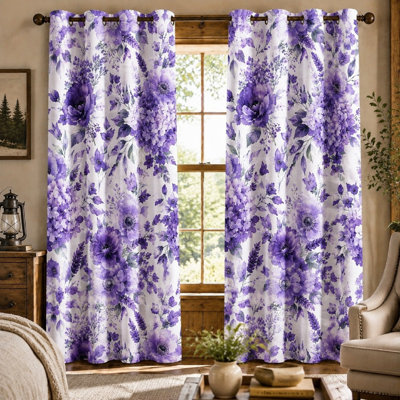Lot de 2 rideaux occultants à imprimé floral vintage, motif botanique artistique, style campagne française, élégant coloris améthyste, parfaits pour la décoration du salon et de la chambre à coucher.