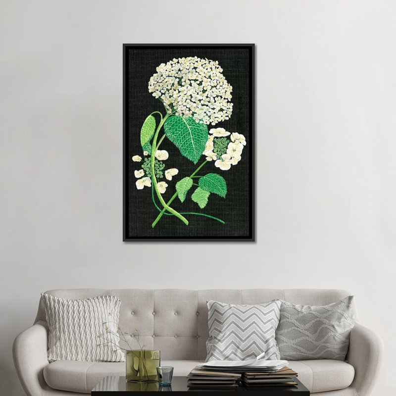 " White Hydrangea Study II " by Melissa Wang, 26" H x 18" W x 1.5" D, Black Framed Canvas, No Mat