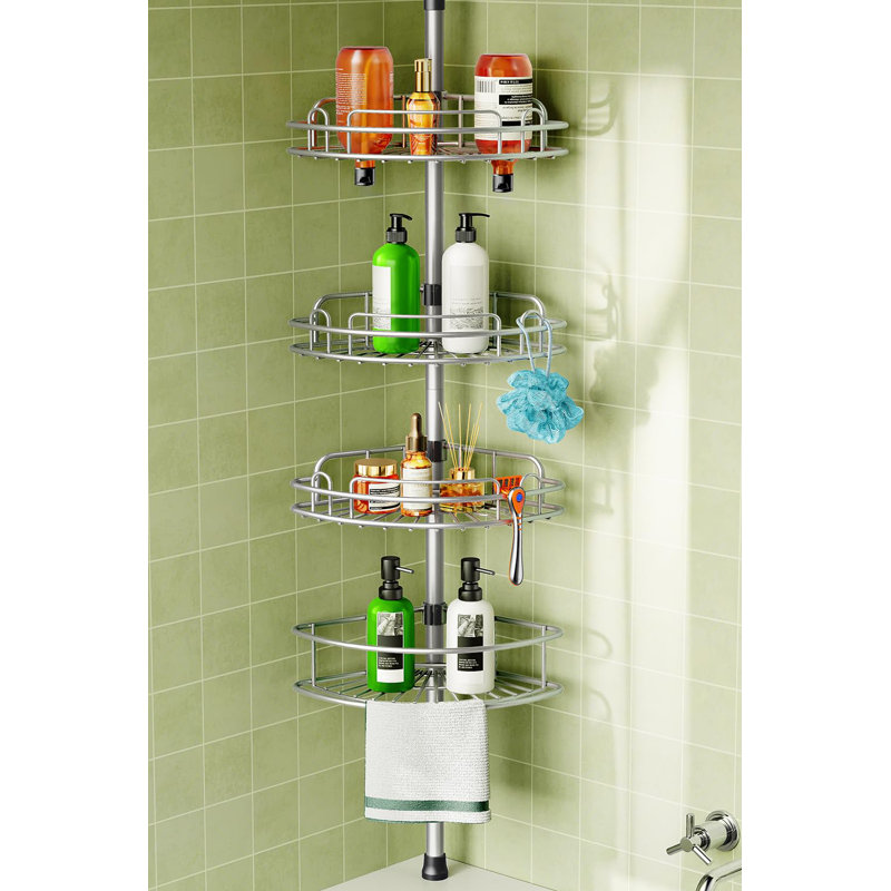 Poteau de tension de coin pour chariot de douche: tablettes de rangement de salle de bain réglables résistantes à la rouille à 4 niveaux - Installation rapide sans perceuse de 47 à 121 pouces - Rangement peu encombrant pour la famille des locataires - Gris argenté