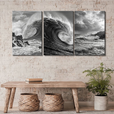 Noir, noir, tempête, océan, vague, paysage marin, ensemble de 3 impressions sur toile