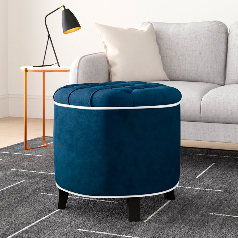 Alethea Velvet Tufted Round Solid Colour Ottoman with Storage, Navy