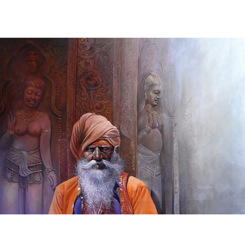 Vieux Sadhu assis | Acrylique sur toile | Par Jugal Sarkar