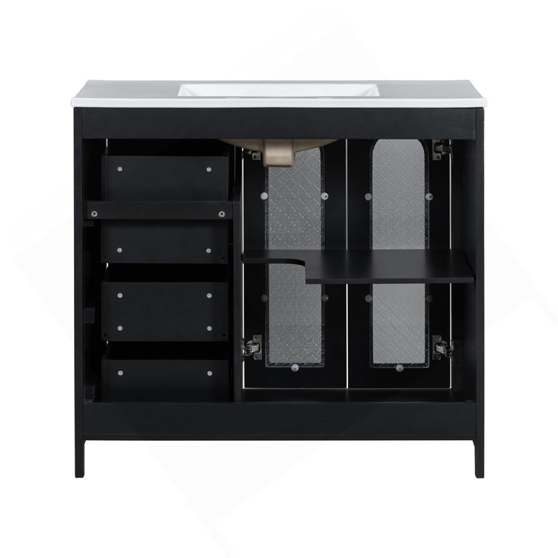 Meuble-lavabo de 36 pouces avec deux portes à fermeture douce, des tablettes réglables et trois tiroirs, Noir