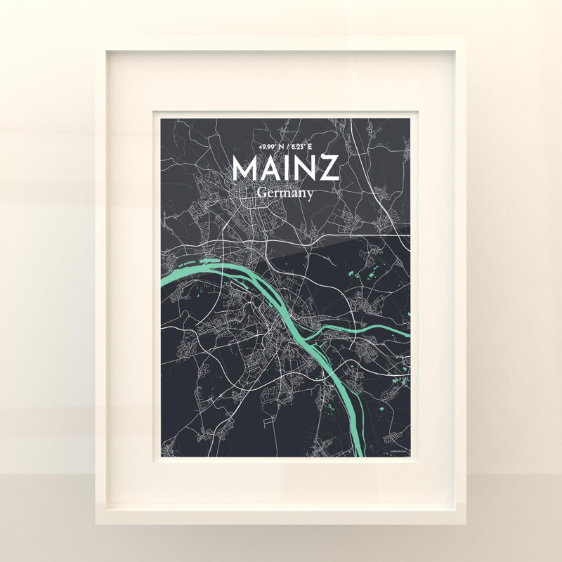 Mainz, carte de la ville, impression, Vert/gris, H 20 po x l 16 po