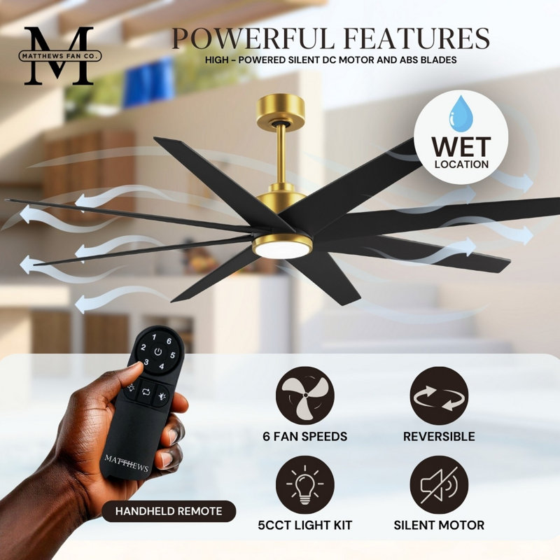 Ariella - Eight Blade Ceiling Fan - Integrated LED - Matte Black Finish - Matte White Blades, Brushed Brass, Matte Black