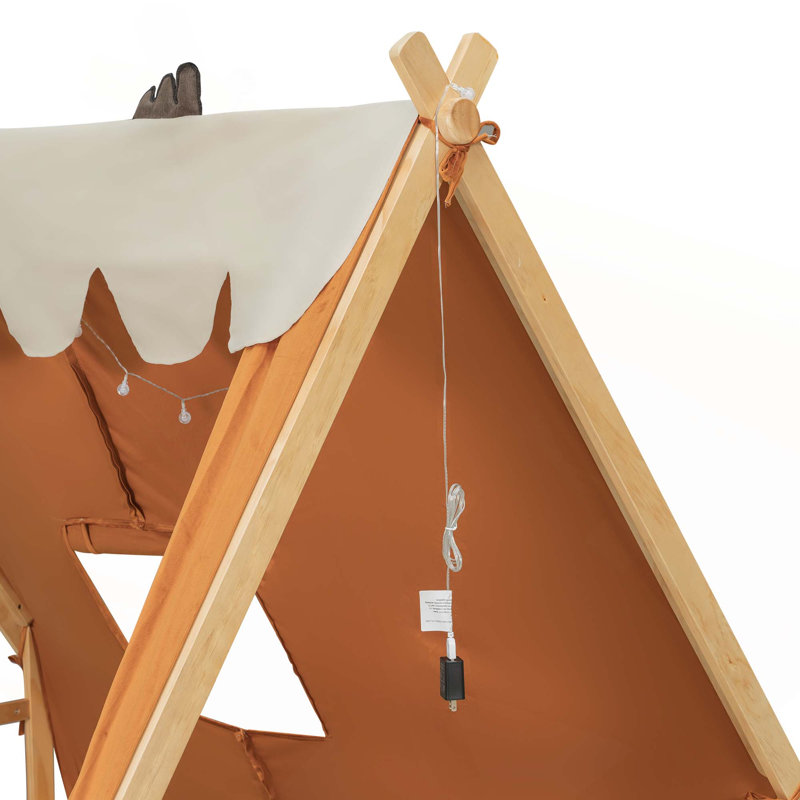Lit en bois avec tente et lumière, Full, Brown