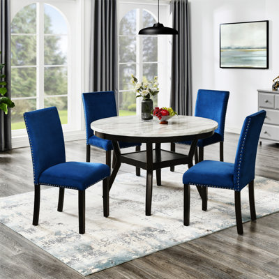 5-Piece Mella Dining Set - Round Faux Marble Table With 4 Blue Velvet Parsons Chairs,Round Table Top,dinning table set -  Alcott Hill®, DA9038C7EA5745DEB3B331FDBC1BB41A