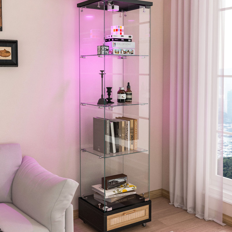 Verre trempé, 1 porte, étui de rangement, 4 tablettes, tiroir, 13 lumières à DEL de couleur, chambre à coucher, salle à manger, cuisine, bibliothèque à roulettes lisses, présentoir élégant