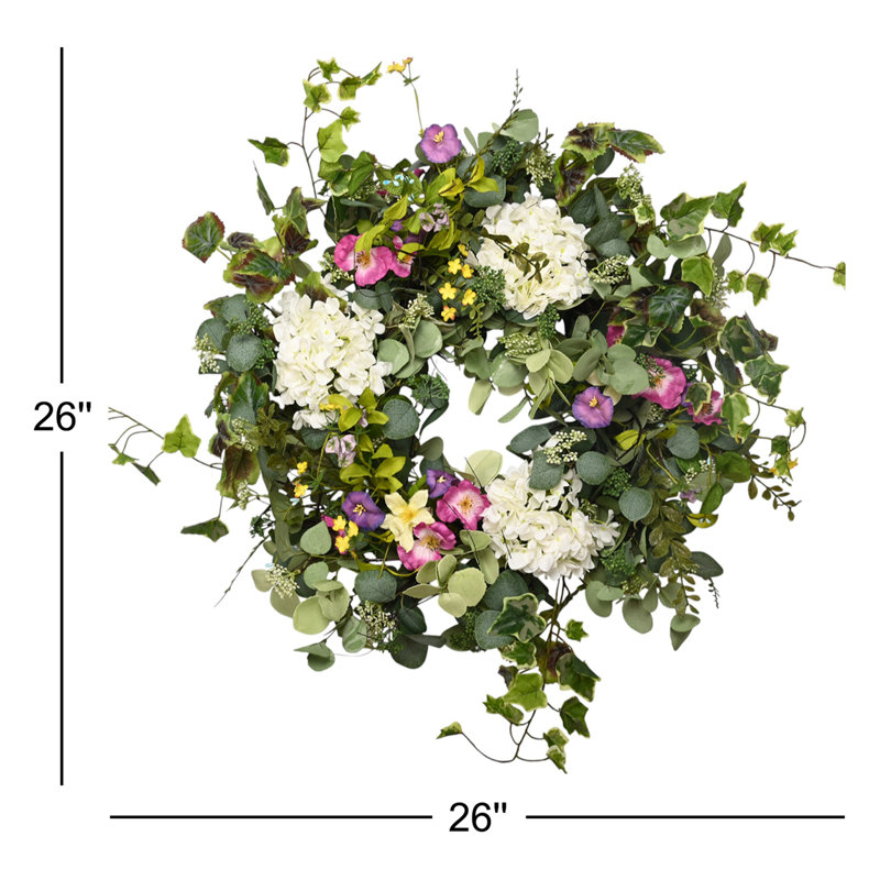 Couronne de porte artificielle 26 po Eucalyptus Hydrangea Morning Glory