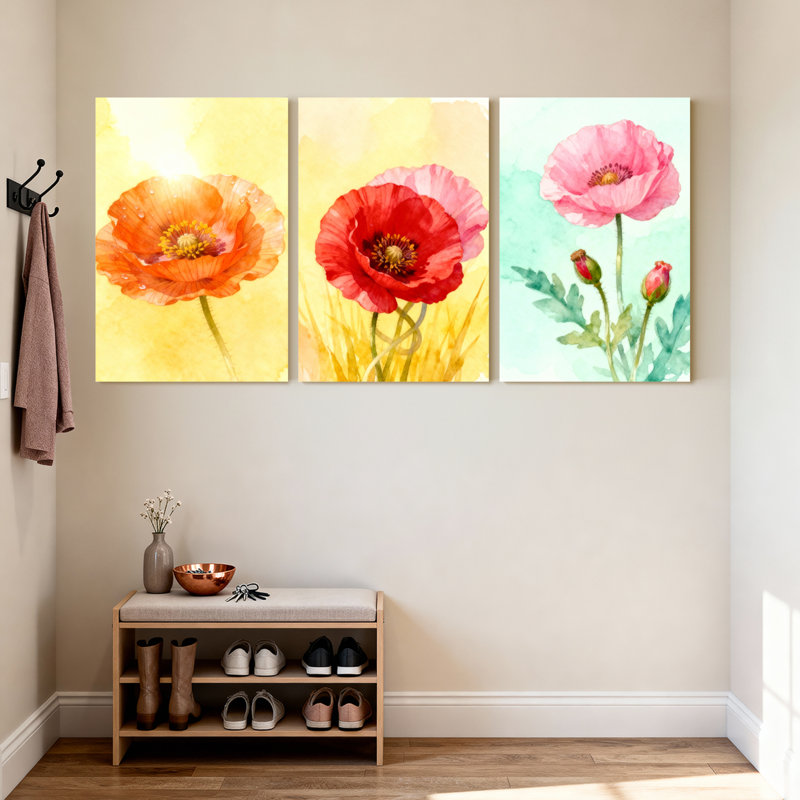 Aquarelle de fleurs de pavot, ensemble d'art mural sur toile tendue de 3 pièces pour le salon, la chambre ou le bureau
