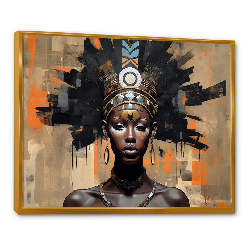 Tribal Queen contemporain africain, H 30 po x l 40 po, Cadre flottant doré
