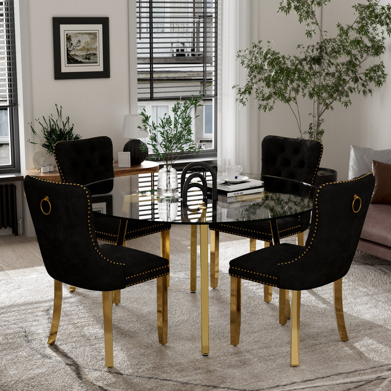 5-Piece Round Glass Dining Table Set, Black, Gold, 29.5"H x 42"L x 42"W