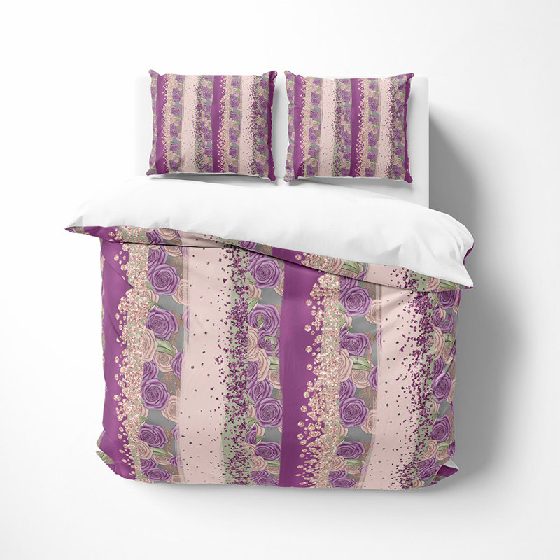  Ensemble de housse de couette en microfibre mauve et rose 3 pièces, Queen Duvet Cover + 2 King Shams