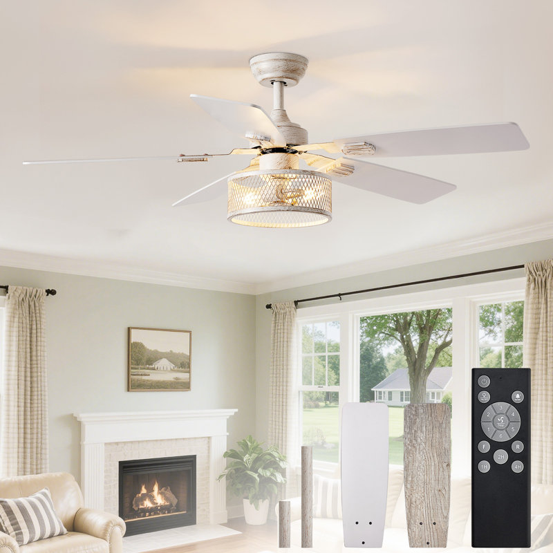 52 Inch Caged Ceiling Fans with Lights, Dual Finish 5 White Grey Blades Hanging Fan, Rustic Ceiling Fan with Remote Control for Farmhouse Indoor/Outdoor Use