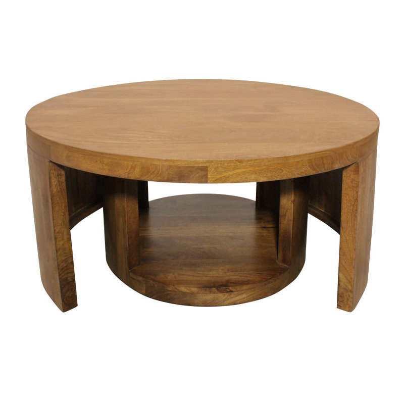 Set of Two Walnut Solid Wood Round Distressed Solid Nested Coffee Tables