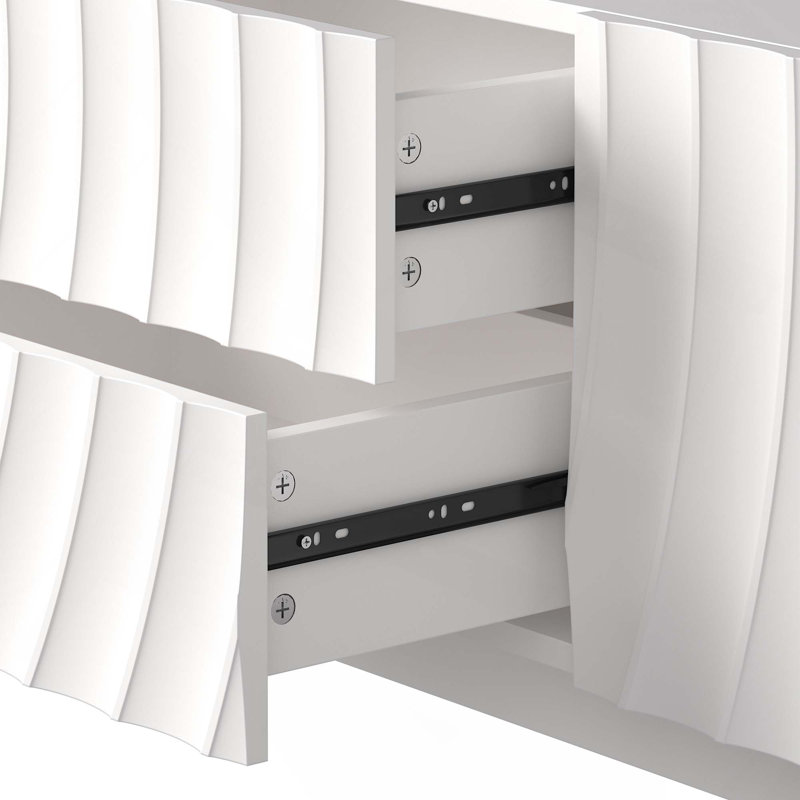 Élégante console de télévision avec un design en spirale ondulée et beaucoup de rangement pour les espaces de vie, Blanc