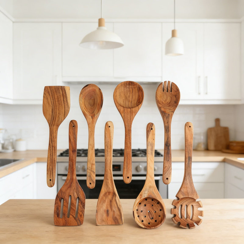 Acacia Wood Cooking Utensils Set Of 8 - 12 Inch Non-Stick Friendly Wooden Spoons & Spatulas | BPA & Toxin Free Natural Finish | Durable Heat Resistant Kitchen Tools