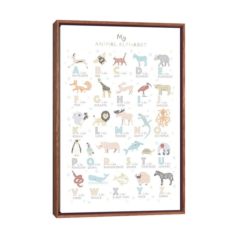 «Neutral Animal Alphabet», reproduction d'impression, H 40 po x l 26 po x P 1,5 po, Toile avec cadre brun, Pas de tapis